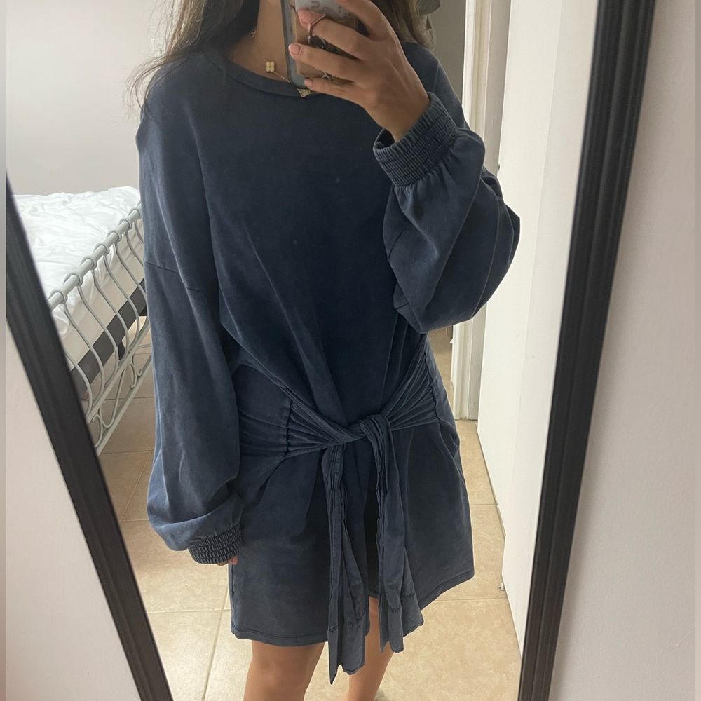 Zara Navy Blue Tie-Waist Sweatshirt Dress